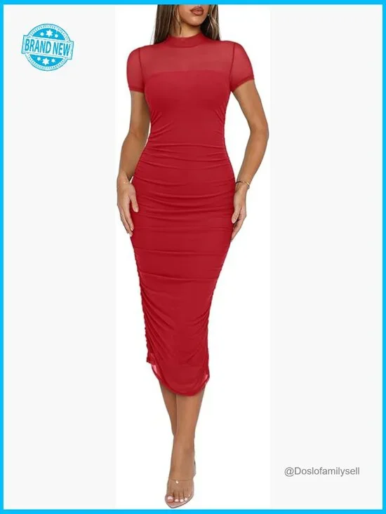 Sheer Mesh Midi Bodycon Dress Ruched Elegant Cocktail Evening Party Wear - Picture 1 of 7